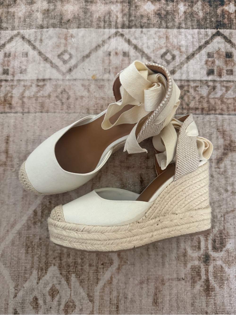 Espadrille Wedge Sandals in Cream with Ankle Tie